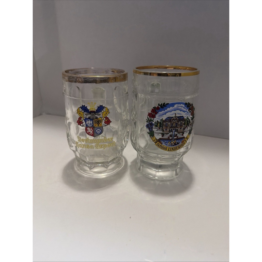 Vintage German Beer Steins Set Dortmunder Hansa Export & Schloß Linderhof Glass